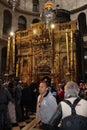Pilgrims in front of The Edicule in The Church of the Holy Sepulchre, Christ`s tomb, in the Old City of Jerusalem, Israel
